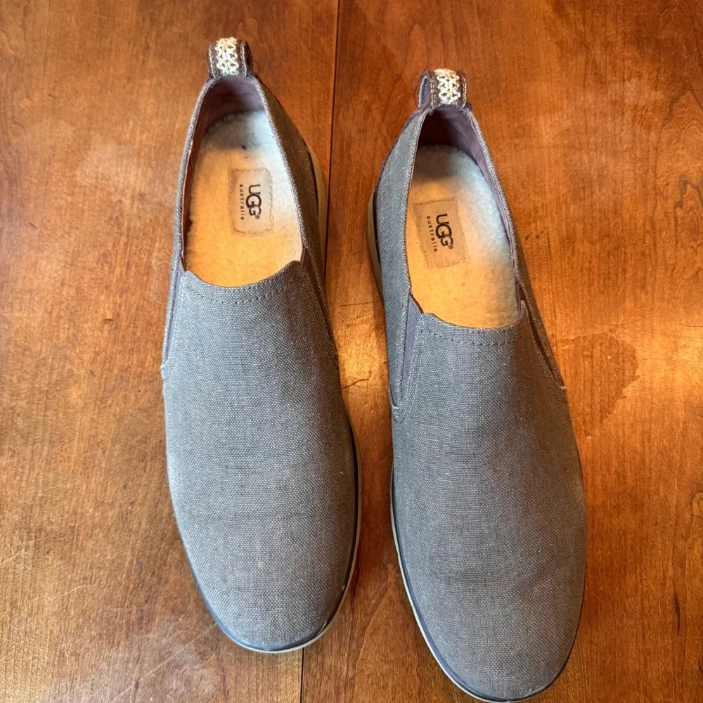 UGG Slip On Mens 14 Gray Freamon Canvas Loafers Wool Lined 1006691 Sneaker Shoes